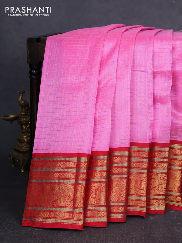 Kuppadam silk cotton saree candy pink and red with allover zari checked pattern and long zari woven korvai border