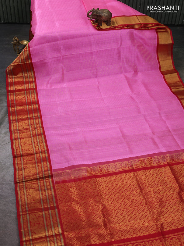 Kuppadam silk cotton saree candy pink and red with allover zari checked pattern and long zari woven korvai border