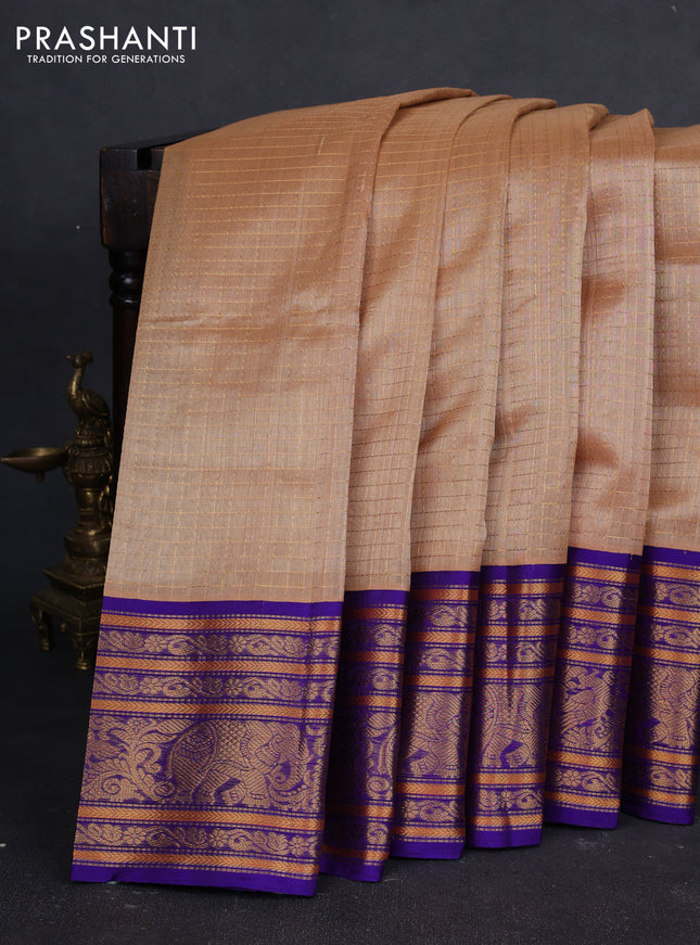 Kuppadam silk cotton saree sandal and violet with allover zari checked pattern and long zari woven korvai border