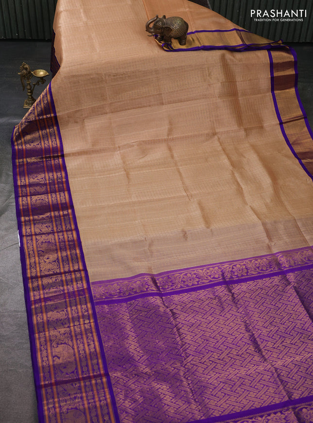 Kuppadam silk cotton saree sandal and violet with allover zari checked pattern and long zari woven korvai border