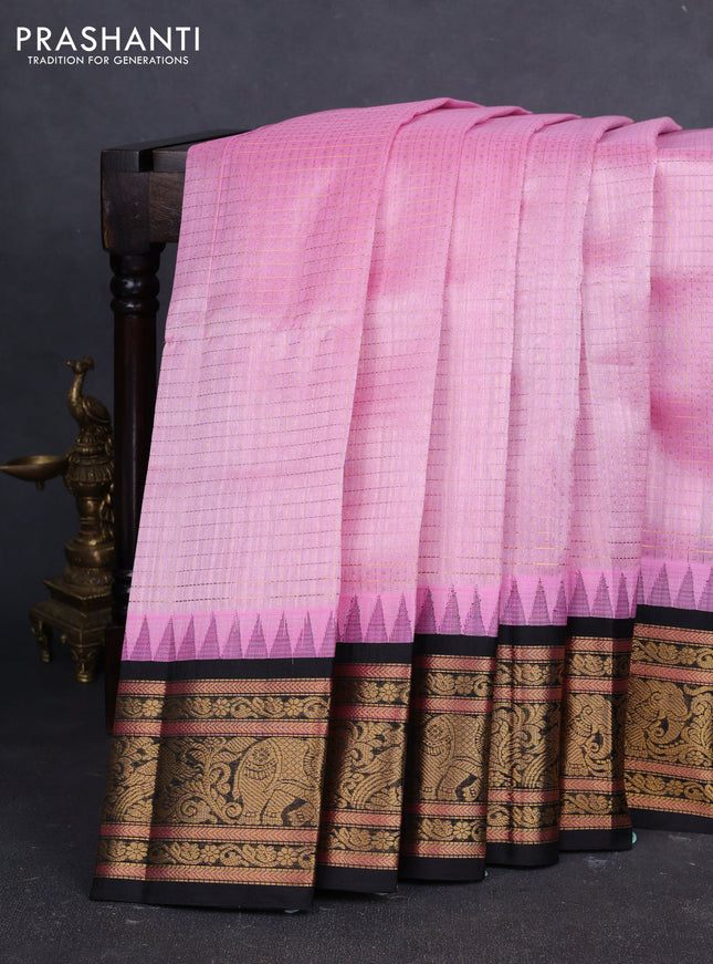 Kuppadam silk cotton saree light pink and black with allover laksha deepam pattern and temple design zari woven border