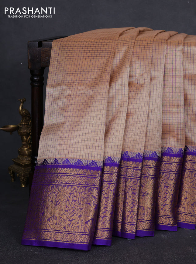 Kuppadam silk cotton saree dark beige and violet with allover thread checked pattern and temple design long zari woven border