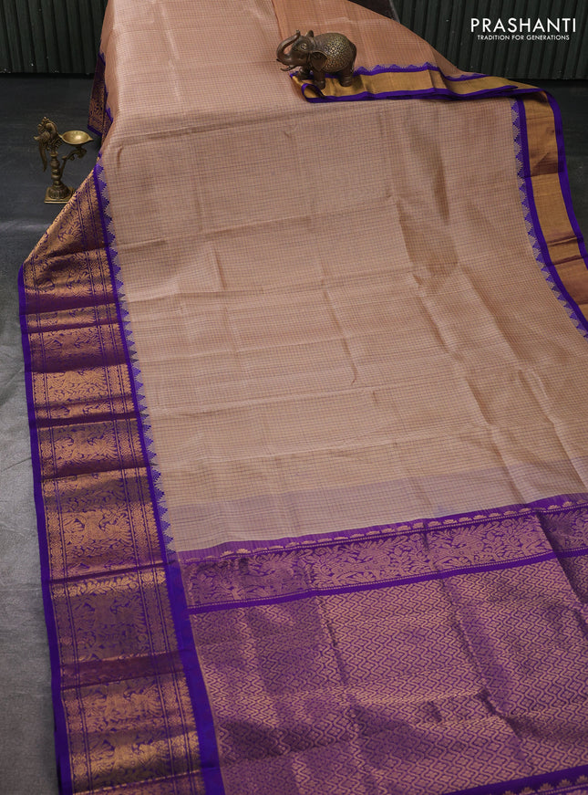 Kuppadam silk cotton saree dark beige and violet with allover thread checked pattern and temple design long zari woven border