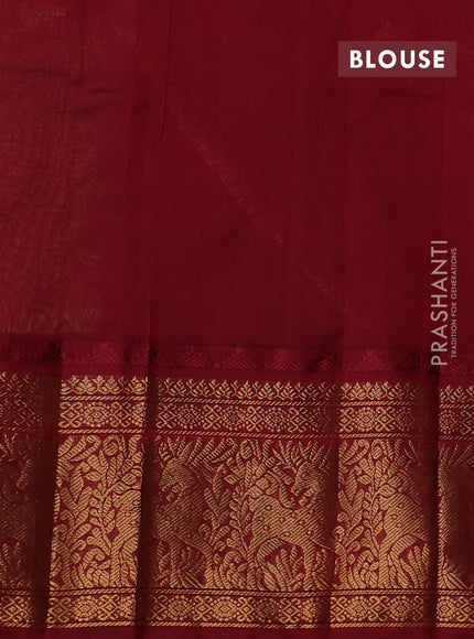 Kuppadam silk cotton saree light green and maroon with allover thread checked pattern and temple design long zari woven border