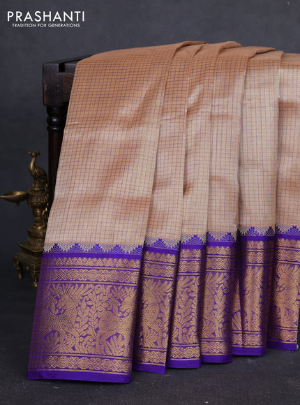 Kuppadam silk cotton saree dark beige and violet with allover thread checked pattern and temple design long zari woven border