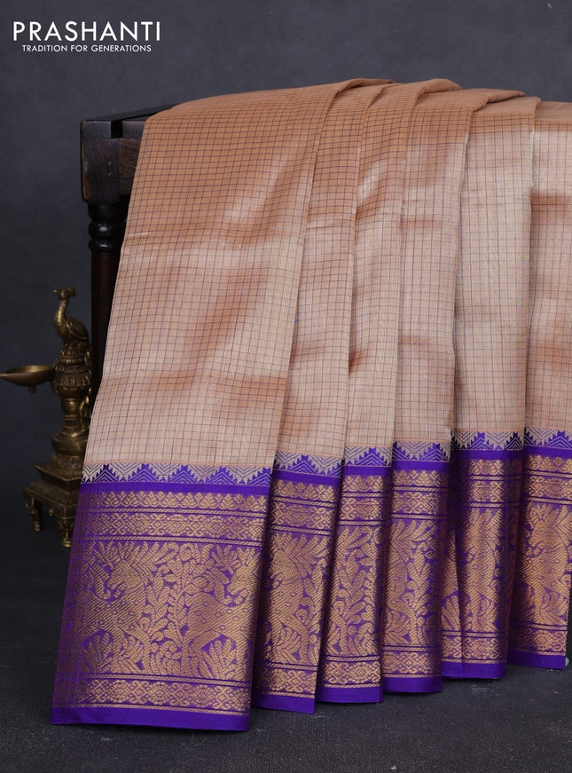 Kuppadam silk cotton saree dark beige and violet with allover thread checked pattern and temple design long zari woven border