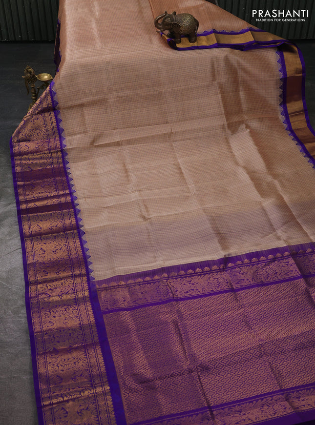 Kuppadam silk cotton saree dark beige and violet with allover thread checked pattern and temple design long zari woven border