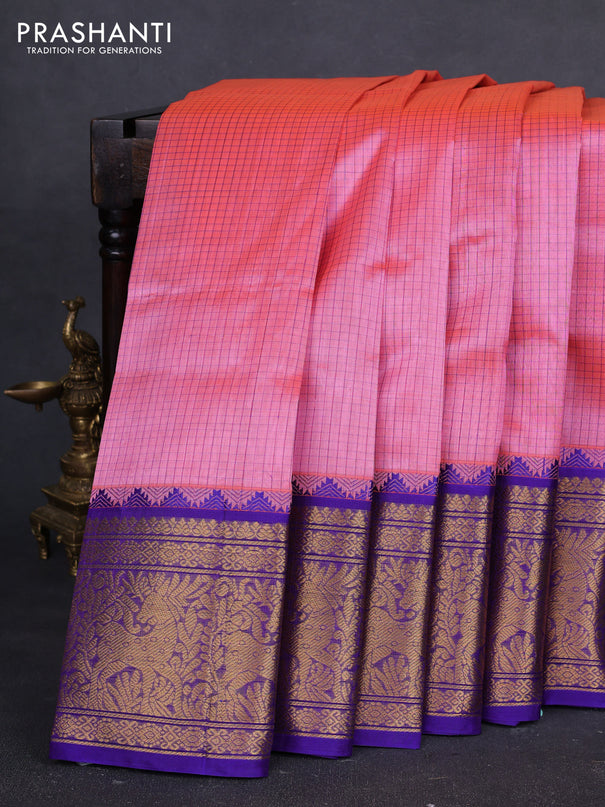 Kuppadam silk cotton saree candy pink and violet with allover thread checked pattern and temple design long zari woven border