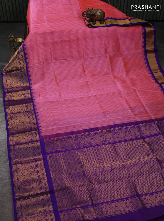 Kuppadam silk cotton saree candy pink and violet with allover thread checked pattern and temple design long zari woven border
