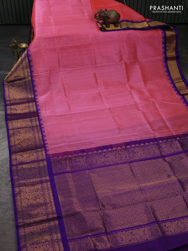 Kuppadam silk cotton saree candy pink and violet with allover thread checked pattern and temple design long zari woven border
