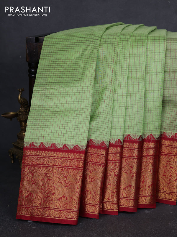 Kuppadam silk cotton saree pista green and maroon with allover thread checked pattern and temple design long zari woven border