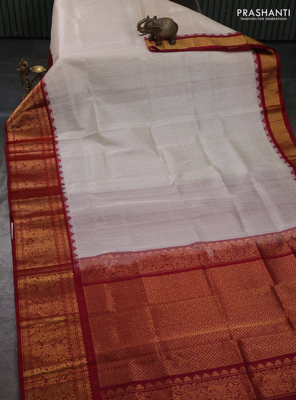 Kuppadam silk cotton saree beige and maroon with allover thread checked pattern and temple design long zari woven border