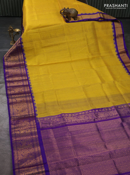 Kuppadam silk cotton saree yellow and royal blue with allover thread checked pattern and temple design zari woven border