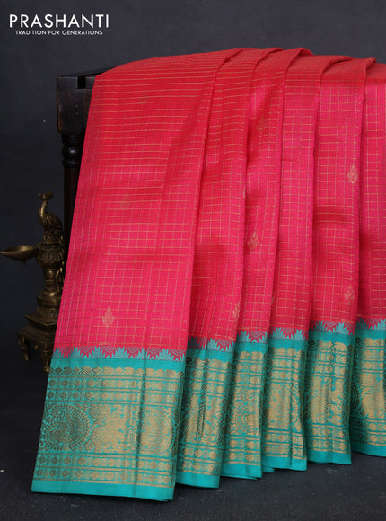 Kuppadam silk cotton saree dark pink and teal green with allover zari checked pattern and temple design zari woven border