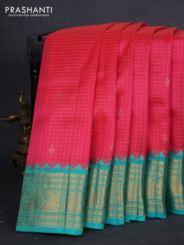 Kuppadam silk cotton saree dark pink and teal green with allover zari checked pattern and temple design zari woven border