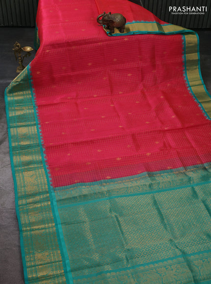 Kuppadam silk cotton saree dark pink and teal green with allover zari checked pattern and temple design zari woven border