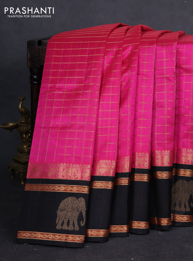 Kuppadam silk cotton saree dark pink and black with allover zari checked pattern and temple design rettapet zari woven butta border