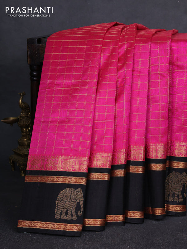 Kuppadam silk cotton saree dark pink and black with allover zari checked pattern and temple design rettapet zari woven butta border
