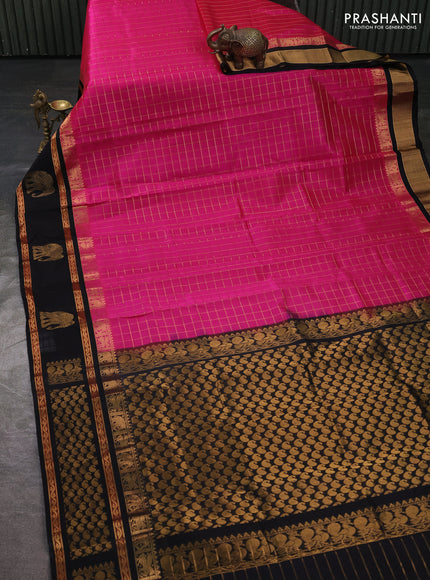 Kuppadam silk cotton saree dark pink and black with allover zari checked pattern and temple design rettapet zari woven butta border