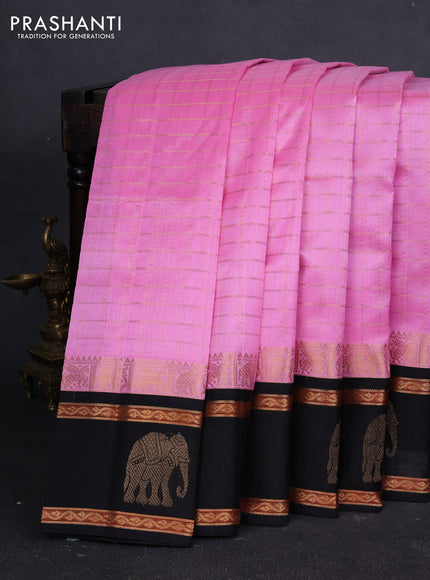 Kuppadam silk cotton saree light pink and black with allover zari checked pattern and temple design rettapet zari woven butta border