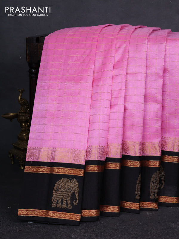 Kuppadam silk cotton saree light pink and black with allover zari checked pattern and temple design rettapet zari woven butta border