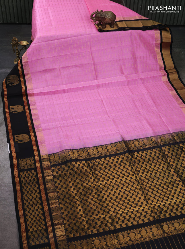 Kuppadam silk cotton saree light pink and black with allover zari checked pattern and temple design rettapet zari woven butta border