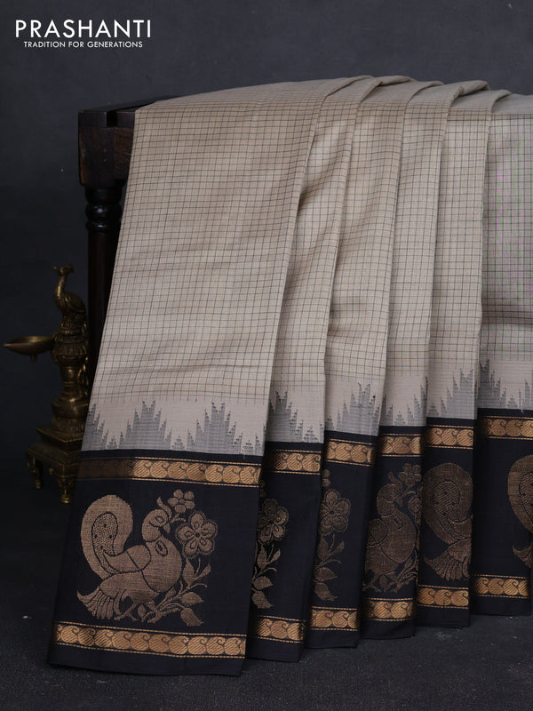 Kuppadam silk cotton saree beige and black with allover thread checked pattern and temple design rettapet zari woven butta border
