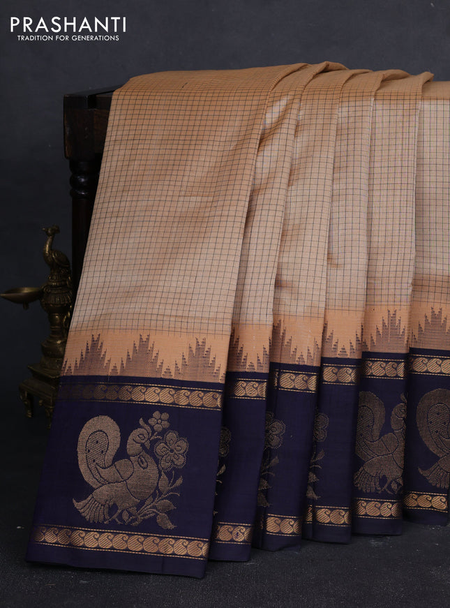 Kuppadam silk cotton saree dark beige and navy blue with allover thread checked pattern and temple design rettapet zari woven butta border