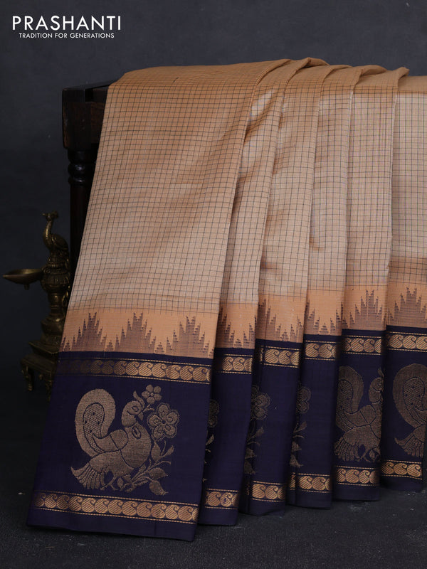 Kuppadam silk cotton saree dark beige and navy blue with allover thread checked pattern and temple design rettapet zari woven butta border