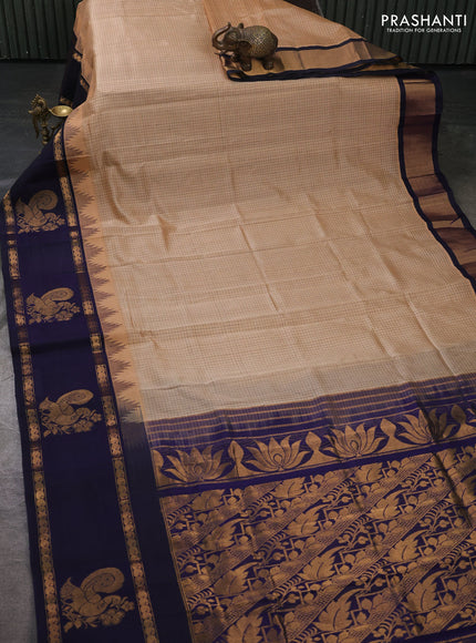 Kuppadam silk cotton saree dark beige and navy blue with allover thread checked pattern and temple design rettapet zari woven butta border