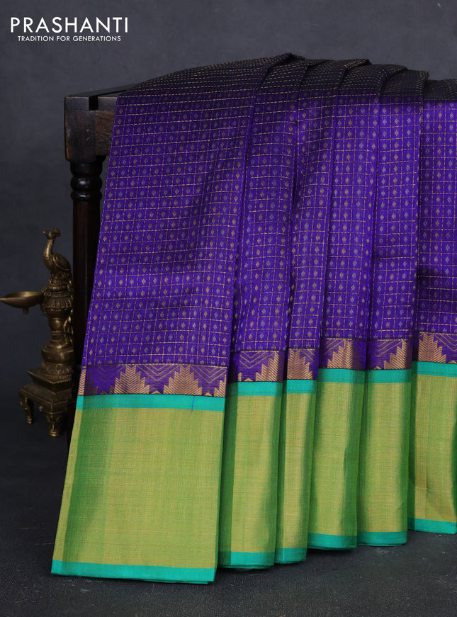 Kuppadam silk cotton saree royal blue and teal green with allover laksha deepam pattern and temple design zari woven border