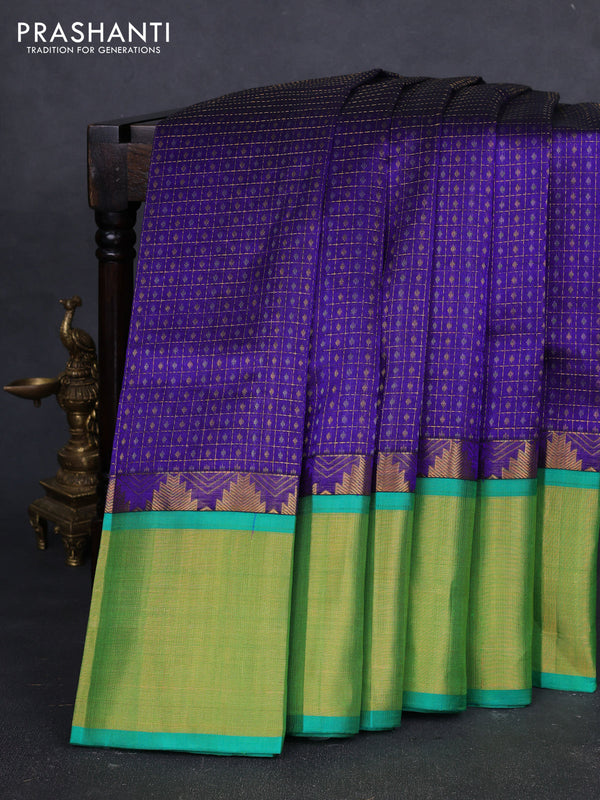 Kuppadam silk cotton saree royal blue and teal green with allover laksha deepam pattern and temple design zari woven border