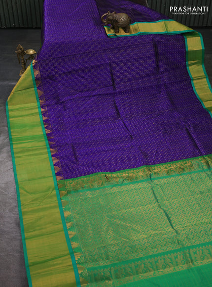 Kuppadam silk cotton saree royal blue and teal green with allover laksha deepam pattern and temple design zari woven border