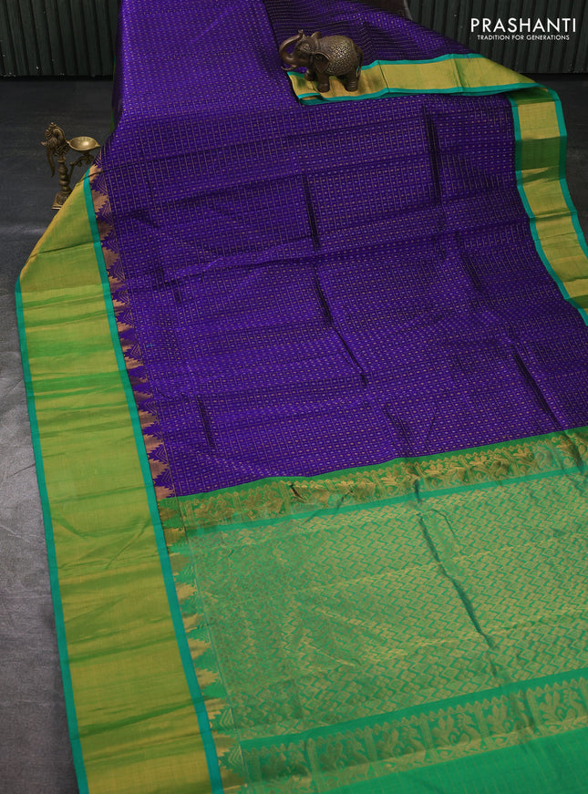 Kuppadam silk cotton saree royal blue and teal green with allover laksha deepam pattern and temple design zari woven border