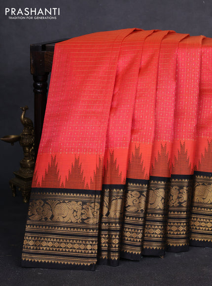 Kuppadam silk cotton saree orange and black with allover laksha deepam pattern and temple design zari woven border