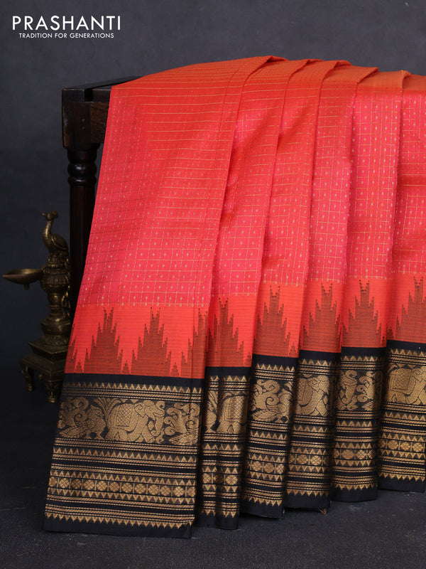Kuppadam silk cotton saree orange and black with allover laksha deepam pattern and temple design zari woven border