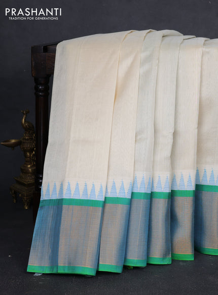 Kuppadam silk cotton saree off white and light green with plain body and temple design zari woven border