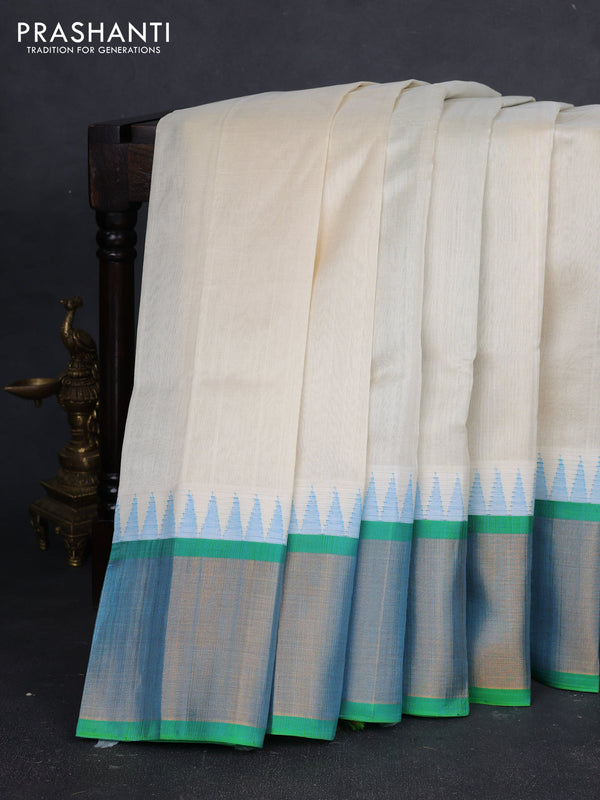Kuppadam silk cotton saree off white and light green with plain body and temple design zari woven border