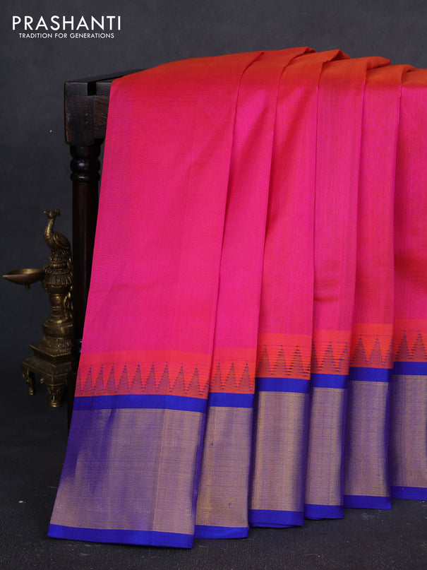 Kuppadam silk cotton saree candy pink and royal blue with plain body and temple design zari woven border
