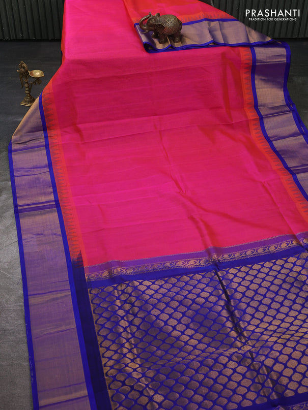 Kuppadam silk cotton saree candy pink and royal blue with plain body and temple design zari woven border