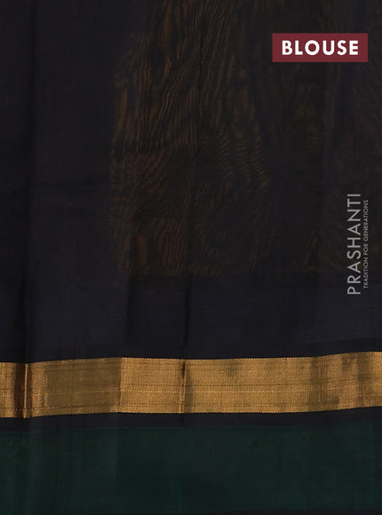 Kuppadam silk cotton saree yellow and bottle green black with plain body and temple design zari woven simple border