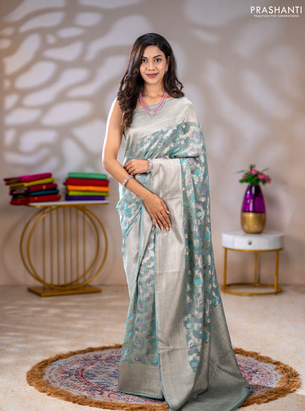 Art chiffon saree pastel blue with allover thread & zari peacock weaves and zari woven border
