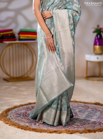 Art chiffon saree pastel blue with allover thread & zari peacock weaves and zari woven border