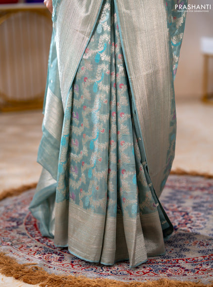 Art chiffon saree pastel blue with allover thread & zari peacock weaves and zari woven border