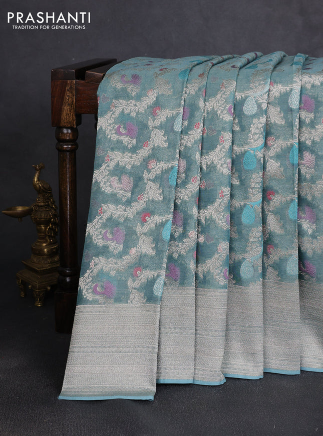 Art chiffon saree pastel blue with allover thread & zari peacock weaves and zari woven border