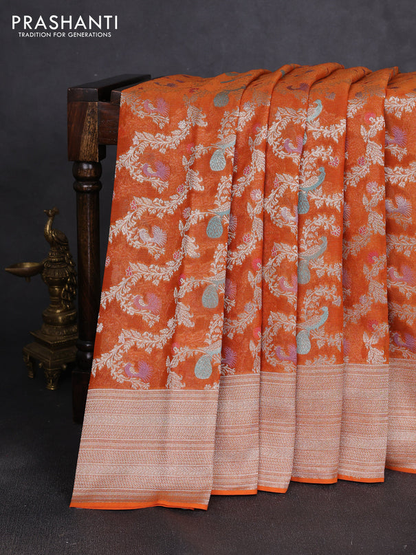 Art chiffon saree orange with allover thread & zari peacock weaves and zari woven border