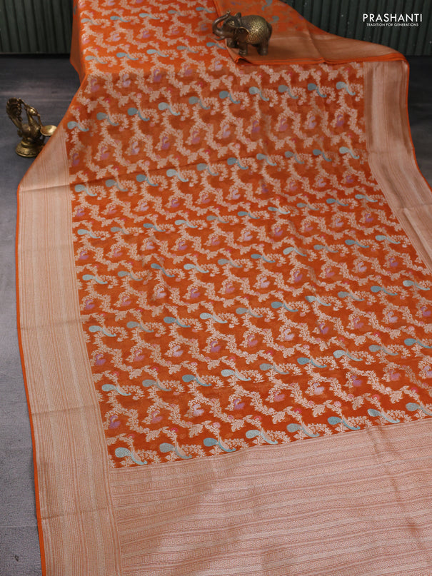 Art chiffon saree orange with allover thread & zari peacock weaves and zari woven border