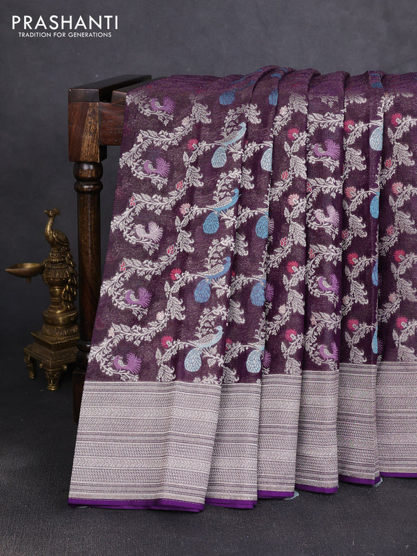 Art chiffon saree deep purple with allover thread & zari peacock weaves and zari woven border