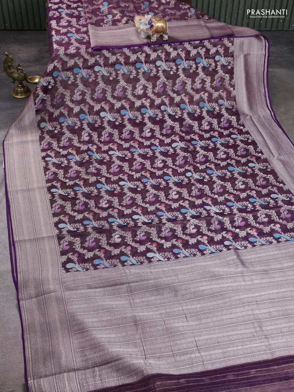 Art chiffon saree deep purple with allover thread & zari peacock weaves and zari woven border