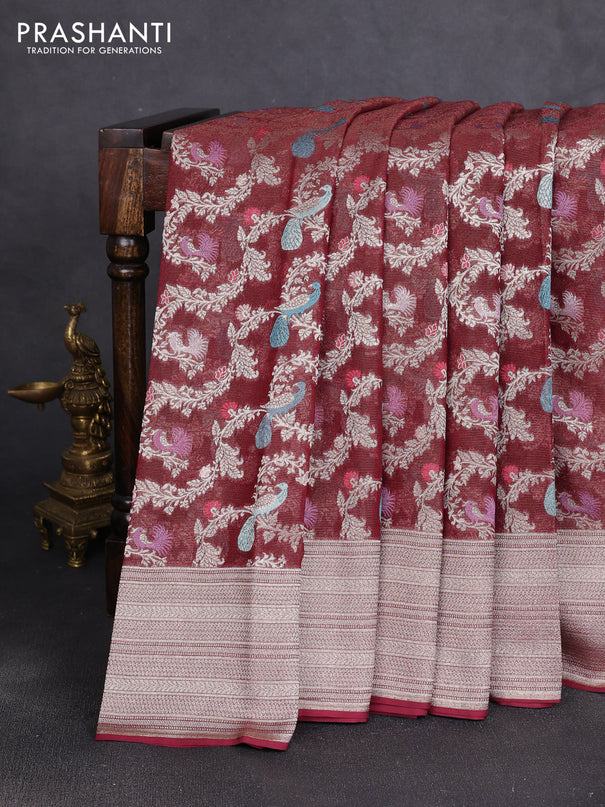 Art chiffon saree maroon with allover thread & zari peacock weaves and zari woven border